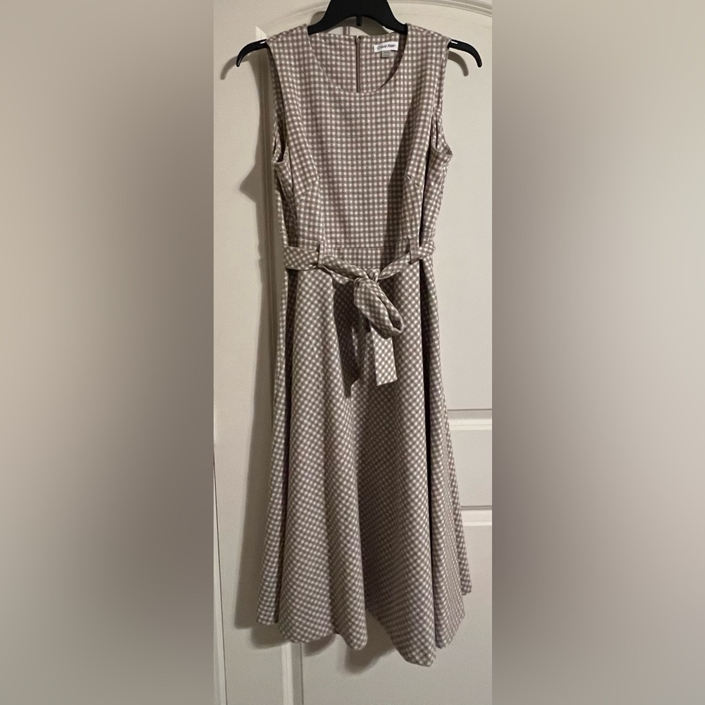 Calvin Klein beige brown check plaid sleeveless belted midi dress size 16w
